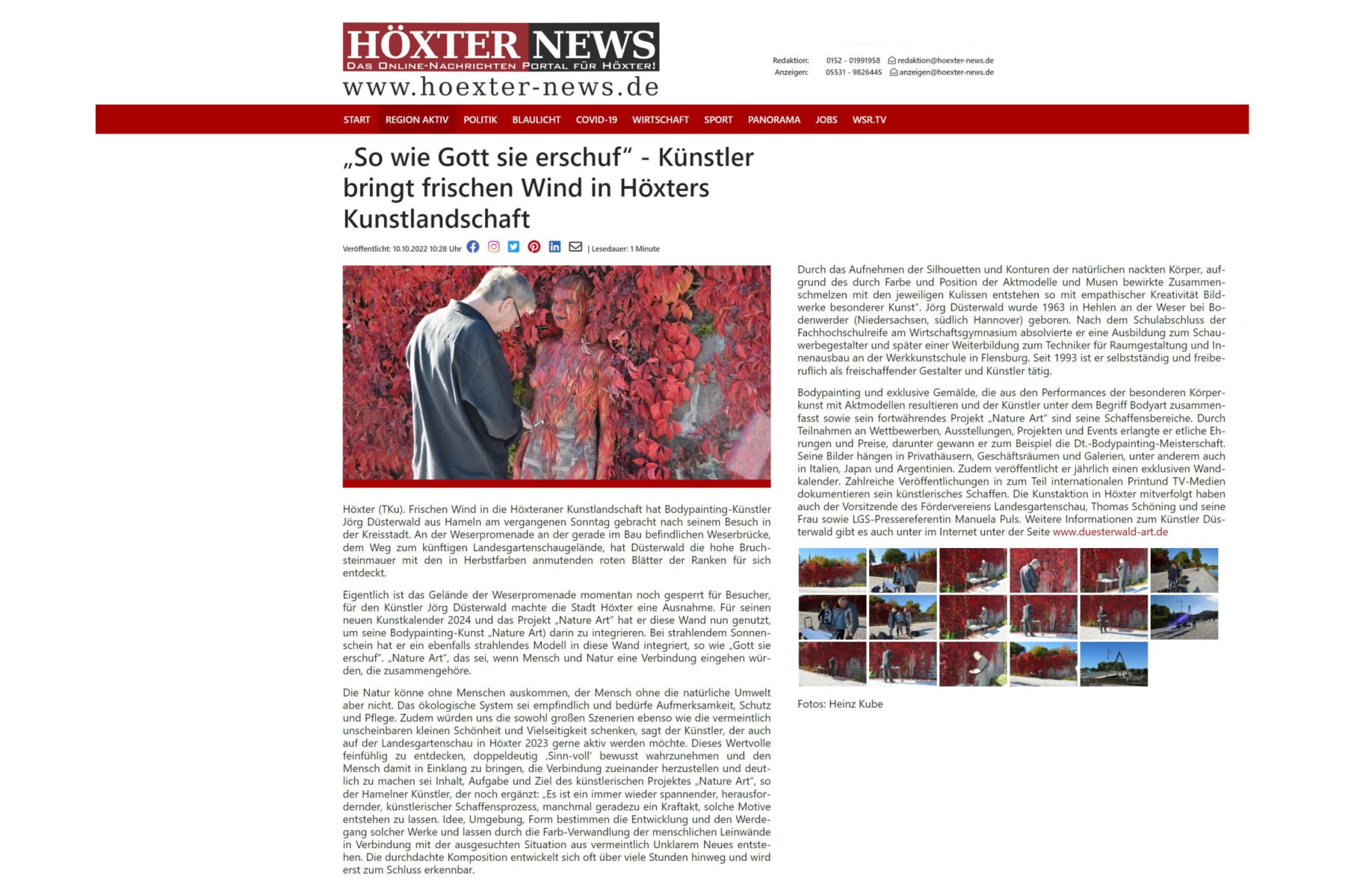 Medienbericht Bodypaintingprojekt NATUREART des Künstlers Jörg Düsterwald (Medium: Höxter-News)