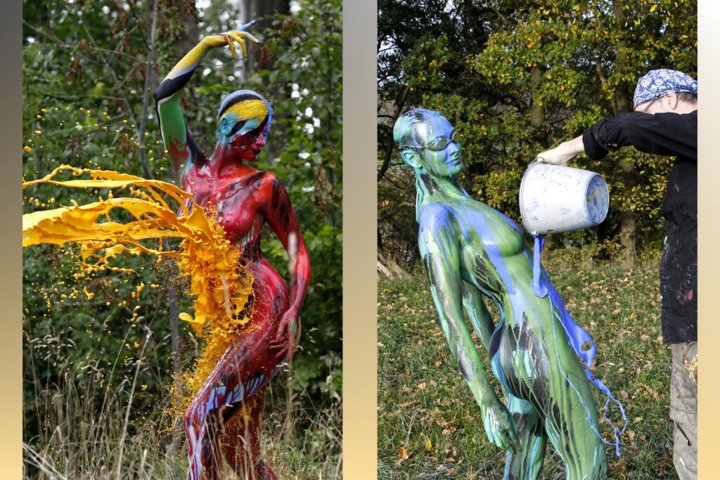 Bodyart-Künstler Jörg Düsterwald ist mit unbekleideten, bunt bemalten Fotomodellen auf einer Waldlichtung und schüttet den Frauen für neue Kunstexperimente flüssige Farbe über deren Körper