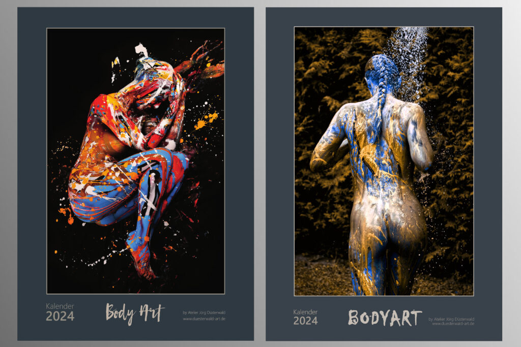 Layout-Ideen für einen hochformatigen, sehr farbigen, erotisch sinnlichen Kalender 2024 zum Kunstthema BODYART