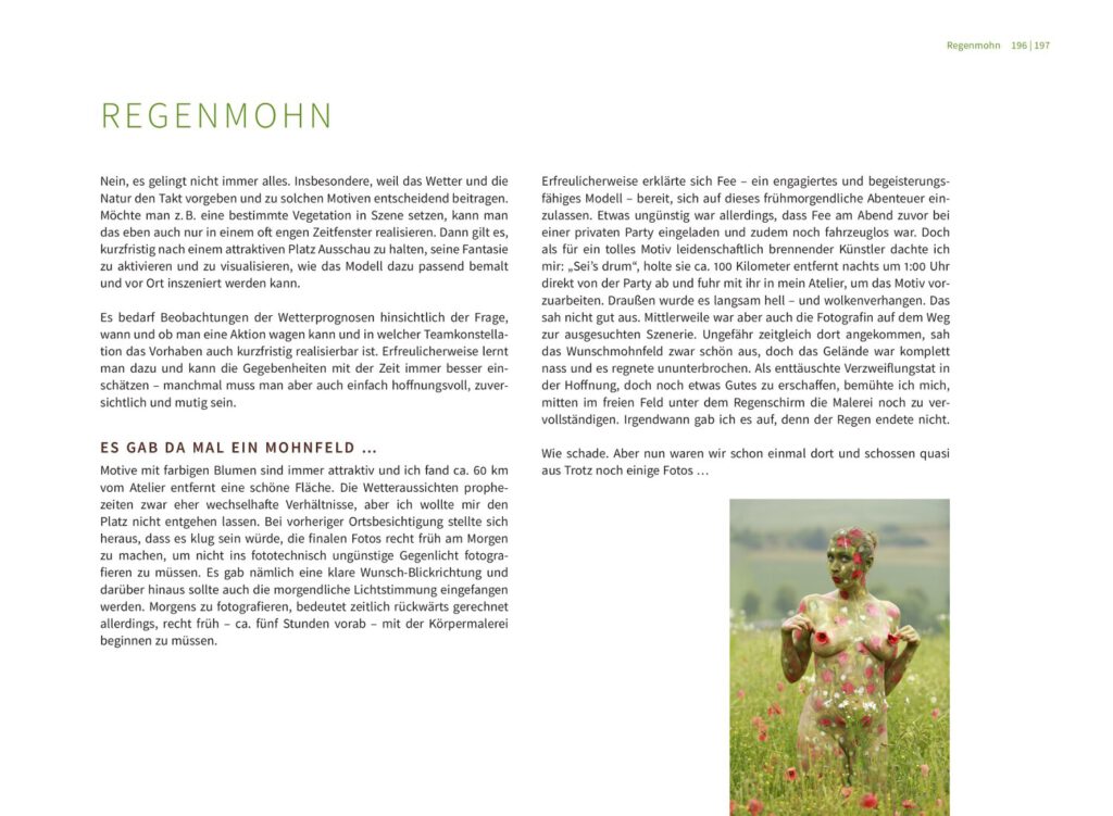 Buch-Ansichtseite 197 und Leseprobe vom Fotobildband Bodypainting in Nature von Künstler Jörg Düsterwald